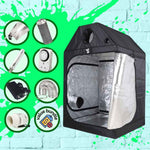 Gorilla Box Roof Tent against a blue brick wall with green paint splatter , alongside six green circles each containing a graphic of a kit piece including a reflector, a hps bulb, a carbon filter, a timer, a ballast, a fan, filter, and jubilee clips
