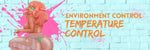 SEXY GIRL WITH PINK HAIR WEARING GREEN SUNGLASSES AND A GREEN THONG, KNEELING AGAINST A BLUE WALL WITH PINK PAINT SPLATTER SHOWING TITLE 'ENVIRONMENT CONTROL TEMPERATURE CONTROL'