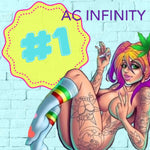 SEXY TATTOOED GIRL WITH MULTICOLOURED HAIR IN PIGTAILS AND KNEE HIGH SOCKS SMOKING UNDER THE AC INFINITY LOGO - TOP THREE BEST SELLER ENVIRONMENT CONTROL BRANDS IN UK AND EUROPE