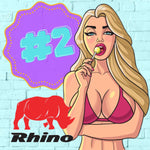 SEXY BLONDE GIRL IN A PINK BIKINI SUCKING A LOLLIPOP BESIDE THE RHINO LOGO - TOP THREE BEST SELLER ENVIRONMENT CONTROL BRANDS IN UK AND EUROPE