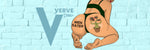 VERVE LOGO BESIDE SEXY TANNED GIRL KNEELING WITH BACK TO SCREEN IN BLACK LINGERIE WITH MAN EATING PLANT TATTOOED ON HER ASS, AGAINST A BLUE BRICK WALL