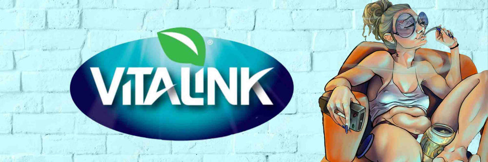 VITALINK LOGO AND SEMI NAKED WOMAN WEARING OVERSIZED SUNGLASSES, LAZING IN ARMCHAIR SMOKING AND DRINKING BEER