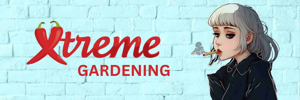 SEXY BIKER GIRL WITH SILVER HAIR AND BANGS WEARING A LEATHER JACKET, SMOKING BESIDE THE XTREME GARDENING LOGO ON A BLUE BRICK WALL BACKGROUND