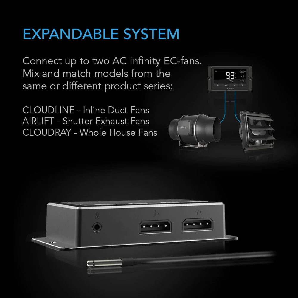 
            
                Load image into Gallery viewer, Expandable System. Connect up to two AC Infinity EC-fans. Mix and match models from the same or different series: CLOUDLINE - Inline Duct Fans, AIRLIFT - Shutter Exhaust Fans, CLOUDRAY - Whole House Fans
            
        