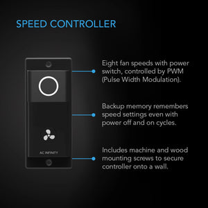 Speed Controller specifications. One Fan Support. Dongle Design. 8 Speeds plus power switch. Non-volatile Memory. PNM Technology.