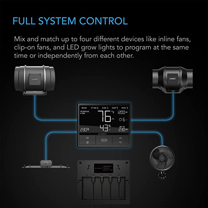 Full System Control. Mix and match up to four different devices like inline fans, clip-on fans, and LED grow lights to program at the same time or independently from each other. 