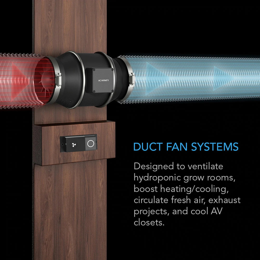 Duct Fan Systems which are designed to ventilate hydroponic grow rooms, boost heating/cooling, circulate fresh air, exhaust projects, and cool AV closets.